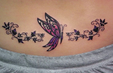 butterfly with creepers and flowers tattoo